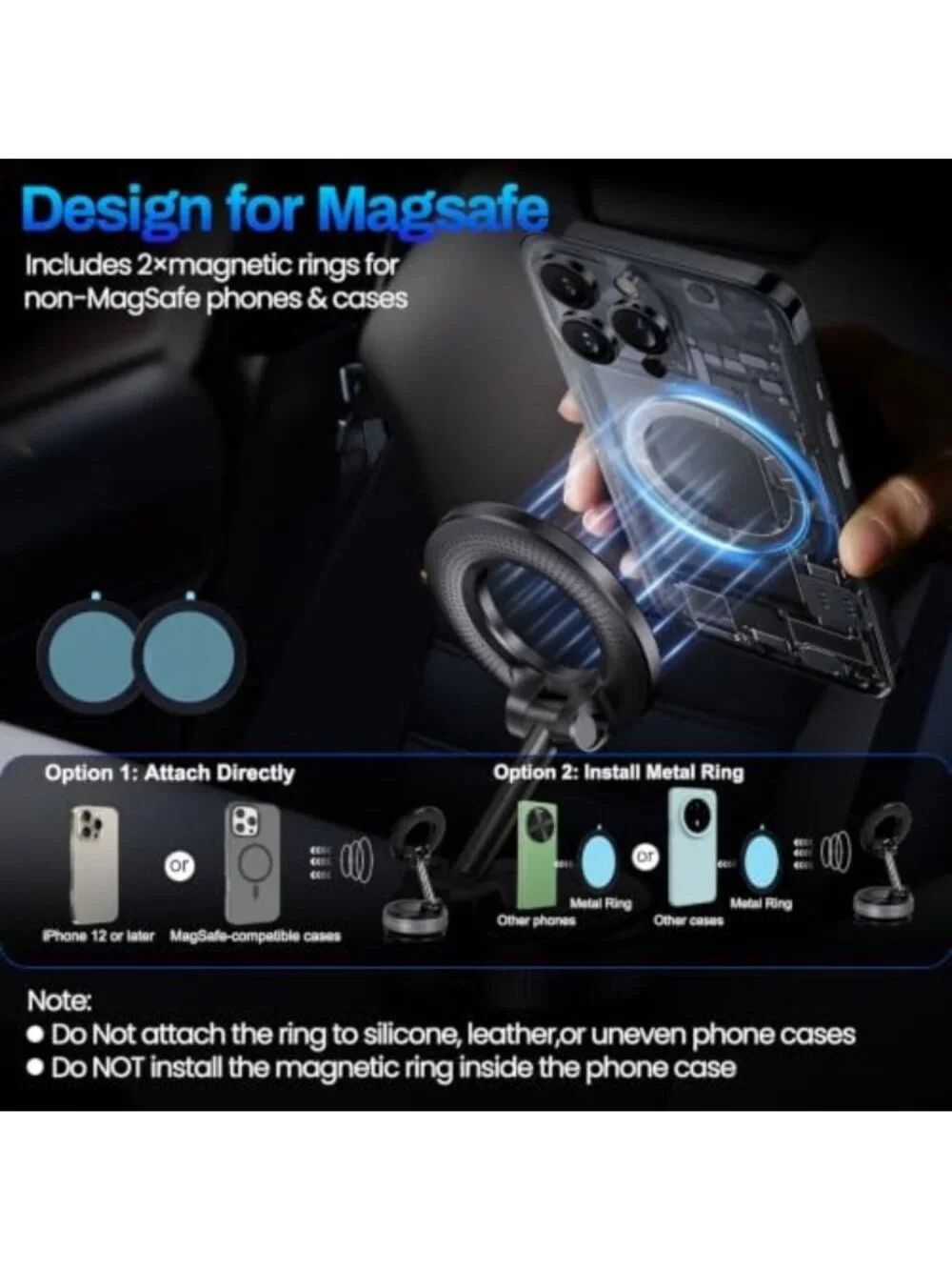 Magnetic Car Phone Holder, Suction Cup Mount for MagSafe & Smartphones